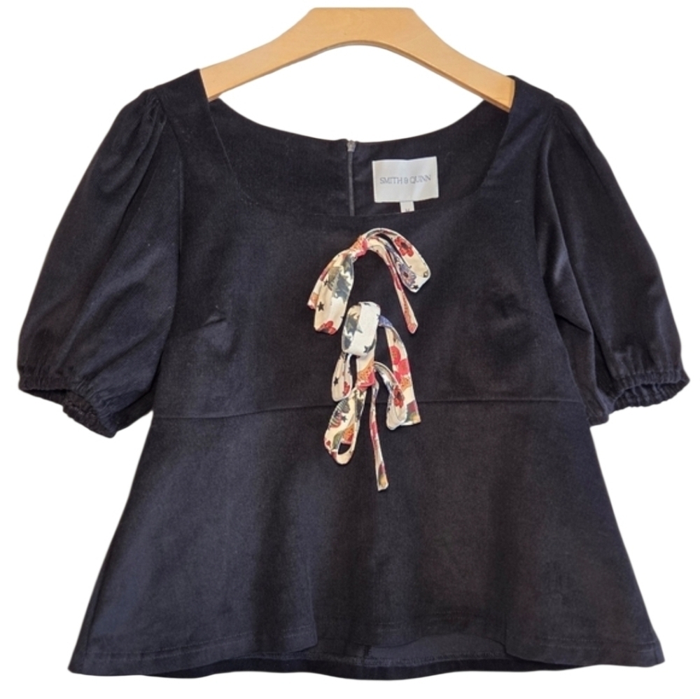 Smith & Quinn NWT Chia Top Black Corduroy Puff Sleeve Floral Front Ribbons Sz M